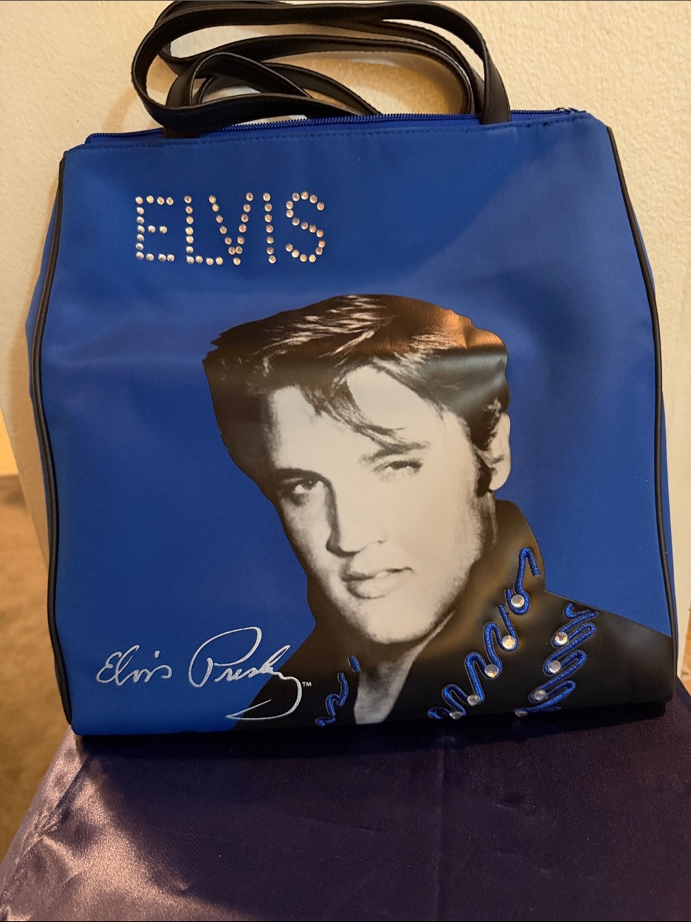 Blue Graphic Tote Bag with ELVIS PRESLEY  Studded up with Rhinestones NWOT